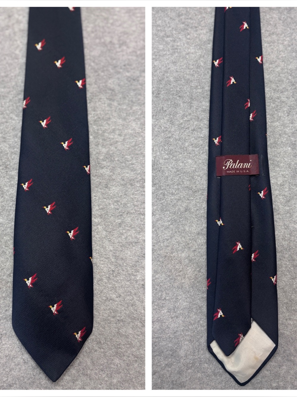 Navy Blue Men's Silk Tie with Red Bird Motif